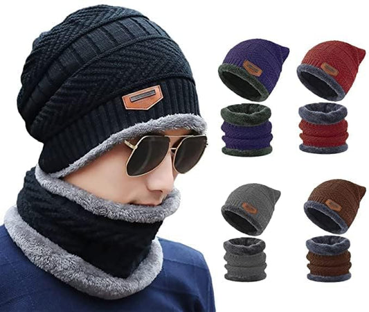 Woolen Cap Hat Woolen Neck Warmer Scarf Set for Men & Women in assorted colors